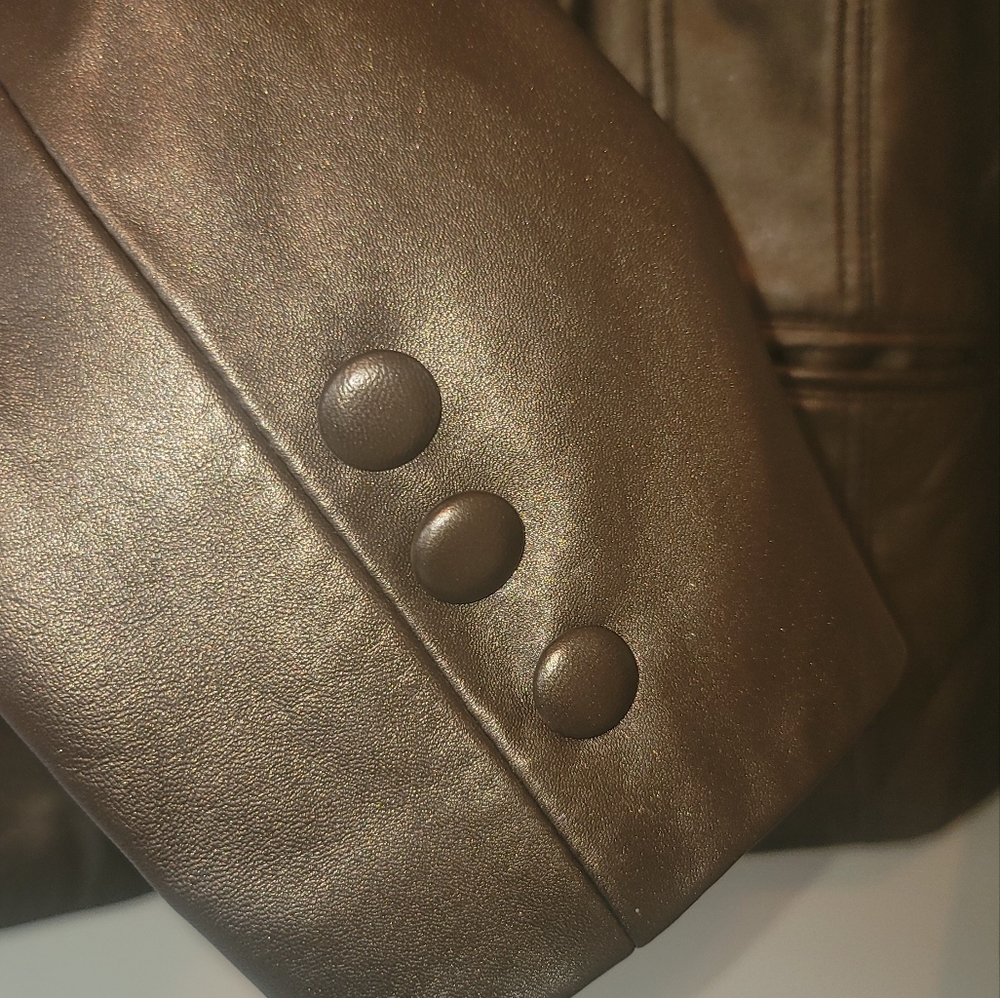 Bernardo  Metallic Bronze Gold Genuine Leather Blazer Coat Jacket - Picture 3 of 11